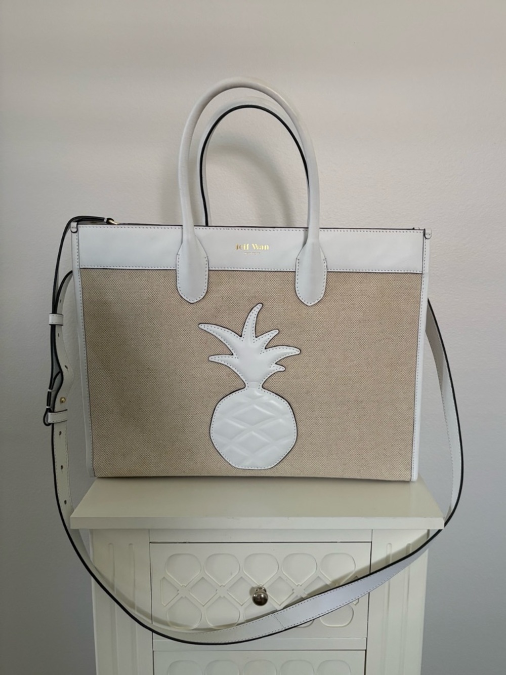 Jeff Wan White & Natural Canvas Pineapple Tote with Removable Strap